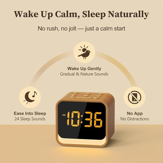 Housbay Wooden Sound Machine Alarm Clock for Bedrooms - Gentle Wake-Up with Birdsong, White Noise for Sleeping, Small Digital Clock for Phone-Free Routine