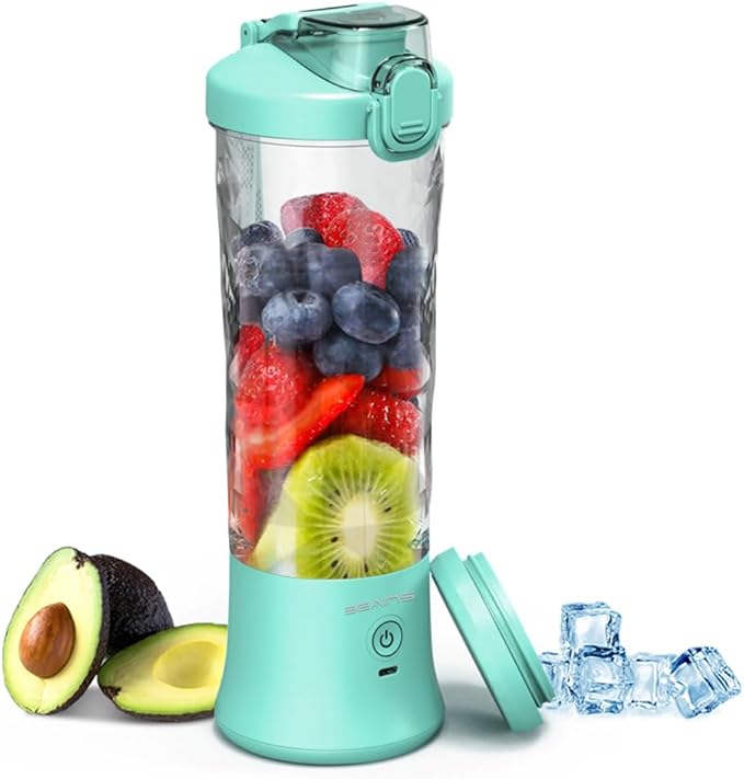 Mint Blue Personal Blender with 6 Blades, 20 Oz Travel Cup and Lid, USB Rechargeable for Shakes, Smoothies, Gym and Kitchen