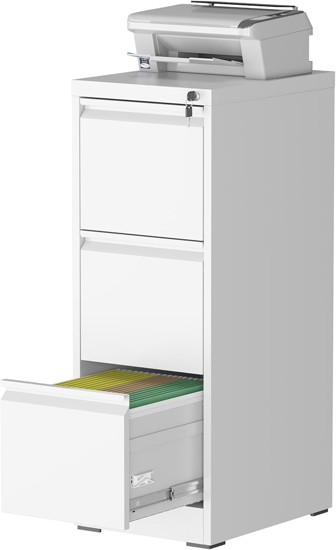 3 Drawer File Cabinet with Lock, Steel Vertical Filing Storage Cabinet for Home Office, Heavy-Duty File Cabinets for Letters/Legal/A4 (Require Assembly, White)