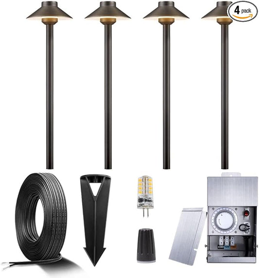 Brass Landscape Lighting Kit (4 Pack LED Path Lights) with 75W Low Voltage Transformer and 100 Feet Cable and 20 Pack Wire Connectors for Outdoor Garden Patio Walkway