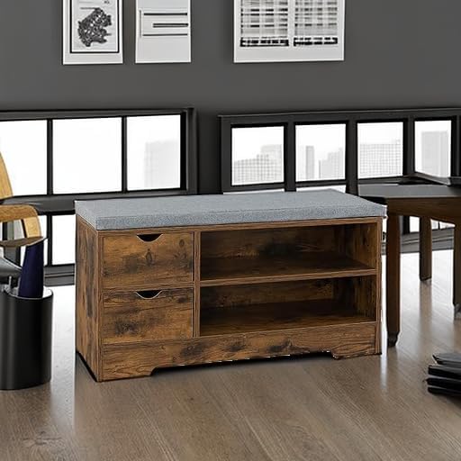WelFurGeer Shoe Bench Entryway with Storage, Shoe Rack with Bench, Entryway Bench with Shoe Storage, Entryway Shoe Bench with Cushion, Brown + Gray