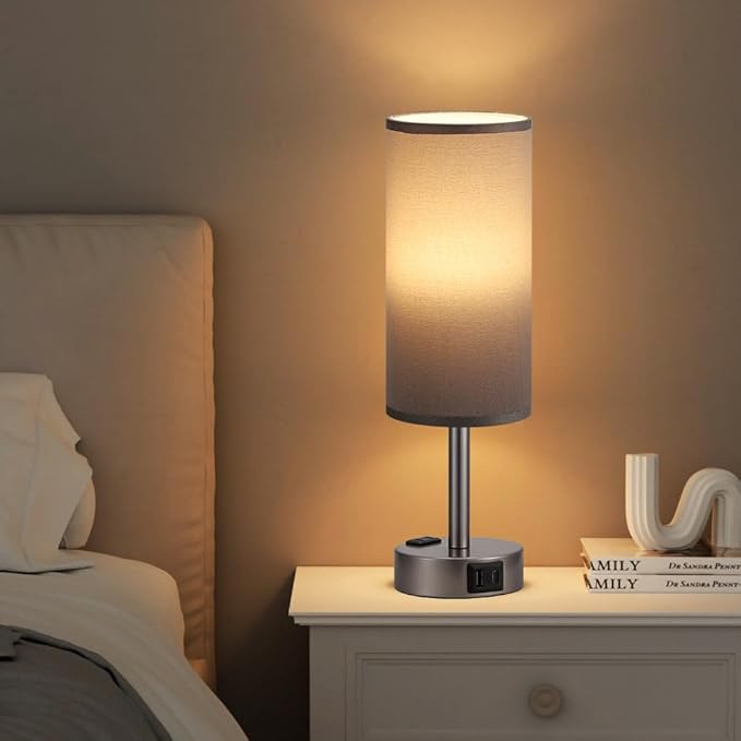 Grey Bedside Table Lamp for Bedroom - 3 Way Dimmable Touch Lamp USB C Charging Ports and AC Outlet, Small Lamp for Living Room, Desk, LED Bulb Included