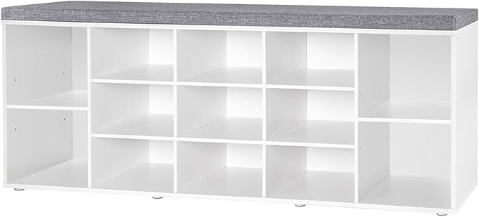 DINZI LVJ Shoe Storage Bench with Cushion, 13-Cubby Shoe Rack, Adjustable Shelves, Multifunctional Shoe Organizer Bench for Entryway, Mudroom, Hallway, Living Room, Bedroom and Garage, White