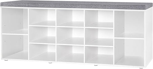 DINZI LVJ Shoe Storage Bench with Cushion, 13-Cubby Shoe Rack, Adjustable Shelves, Multifunctional Shoe Organizer Bench for Entryway, Mudroom, Hallway, Living Room, Bedroom and Garage, White