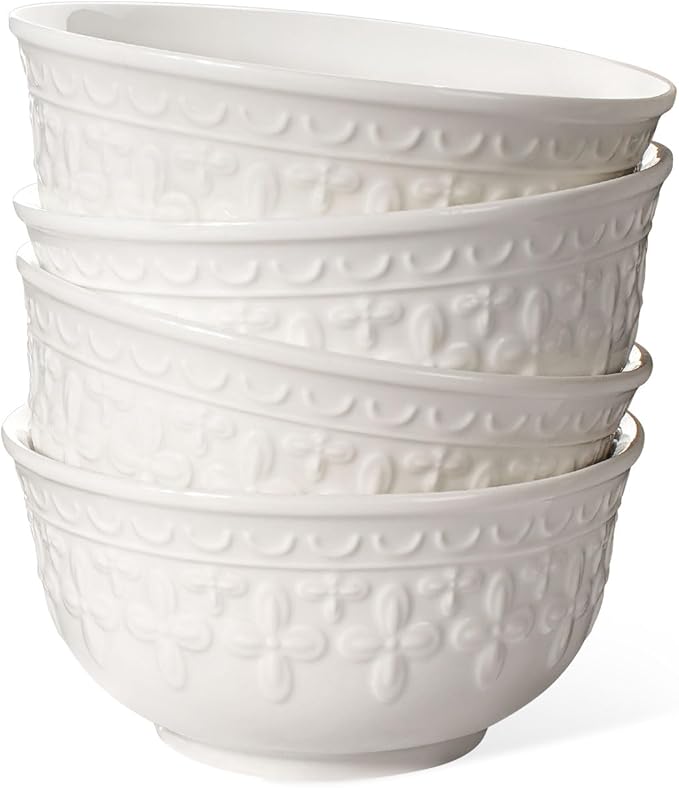 Small Ceramic Bowls - 14 Oz Ice Cream Bowls Set of 4, White Embossment Dessert Bowl for Kitchen, Soup, Side Dishes, Oatmeal, Rice, 4.75 Inch Microwave Oven Safe(Cross Floral)