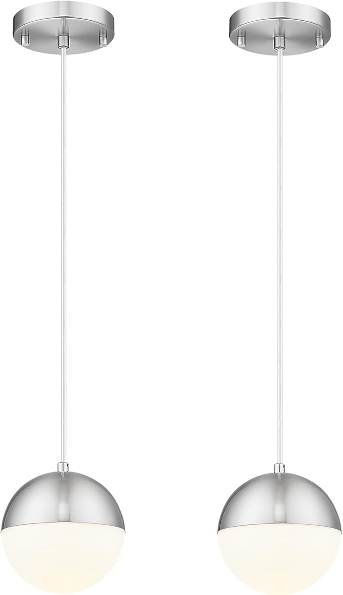 LMS Mid Century Pendant Lights, Brushed Nickel Kitchen Island Light Fixtures with White Globe Glass Shade, Adjustable Hanging Cord, 2-Pack for Home Office Dining Room Bathroom, LMS-186PL-BNWS2PK