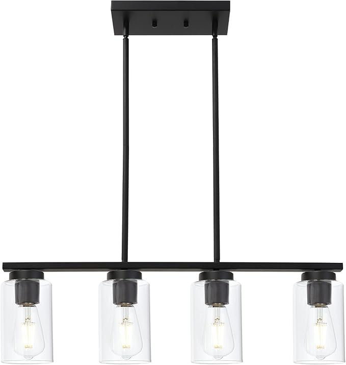 Black Pendant Light Fixtures with Clear Glass Shades, 4-Lights Linar Kitchen Island Light for Farmhouse Dining Room Kitchen Pool Table
