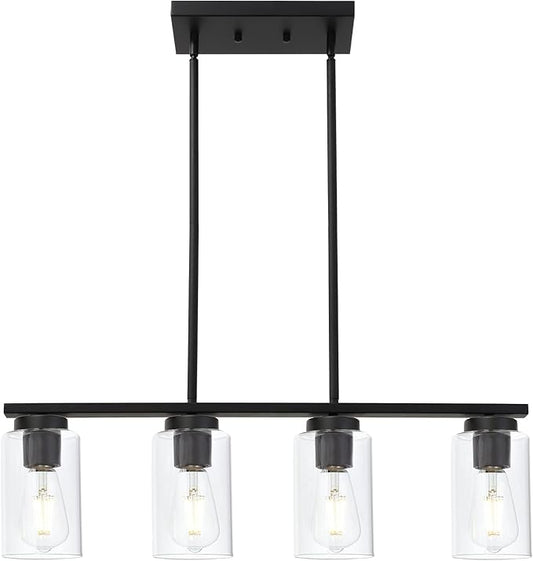 Black Pendant Light Fixtures with Clear Glass Shades, 4-Lights Linar Kitchen Island Light for Farmhouse Dining Room Kitchen Pool Table