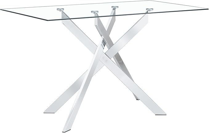 Rectangular Glass Dining Table, Tempered Glass Tabletop and Metal Legs, Modern Style Glass Kitchen Table for Home, Kitchen, Dining Room (Silver, 52'')