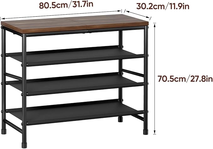 Mavivegue 4-Tier Metal Shoe Rack, Shoe Storage Organizer with Non-Woven Fabrics Shelves and Wooden Top Board, Entryway Shoe Stand for Closet Bedroom Living Room Garage, Black & Rustic Brown