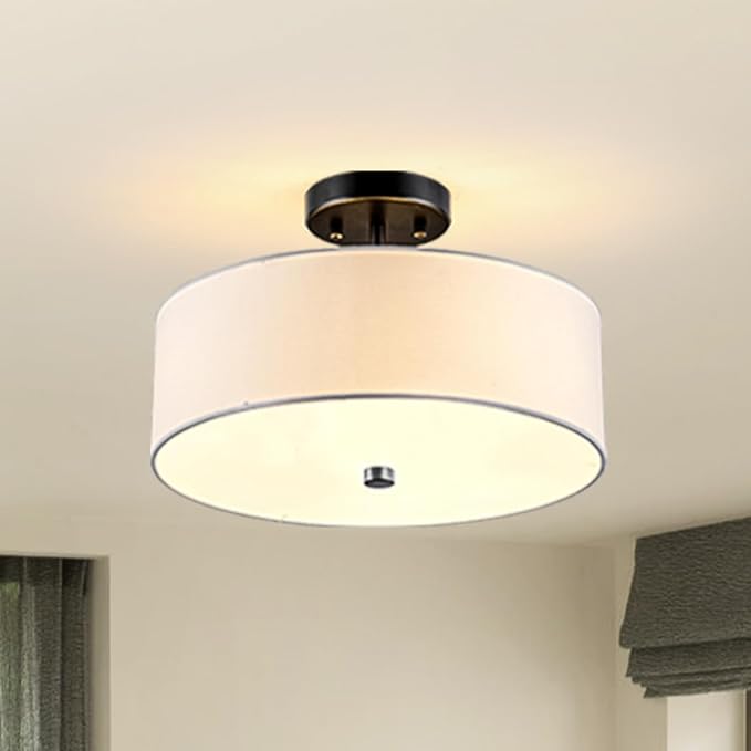 3-Light Semi Flush Mount Ceiling Light Fixture, 13" Black Drum Light, Modern Close to Ceiling Light with White Fabric Shade Lamps for Bedroom Living Dining Room Kitchen Hallway Entryway