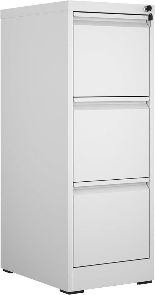 3 Drawer File Cabinet with Lock,White Metal Filing Cabinets Heavy Duty Locking Vertical File Cabinet Home Office Steel Storage Cabinet for Legal/Letter Size File,Assembly Required