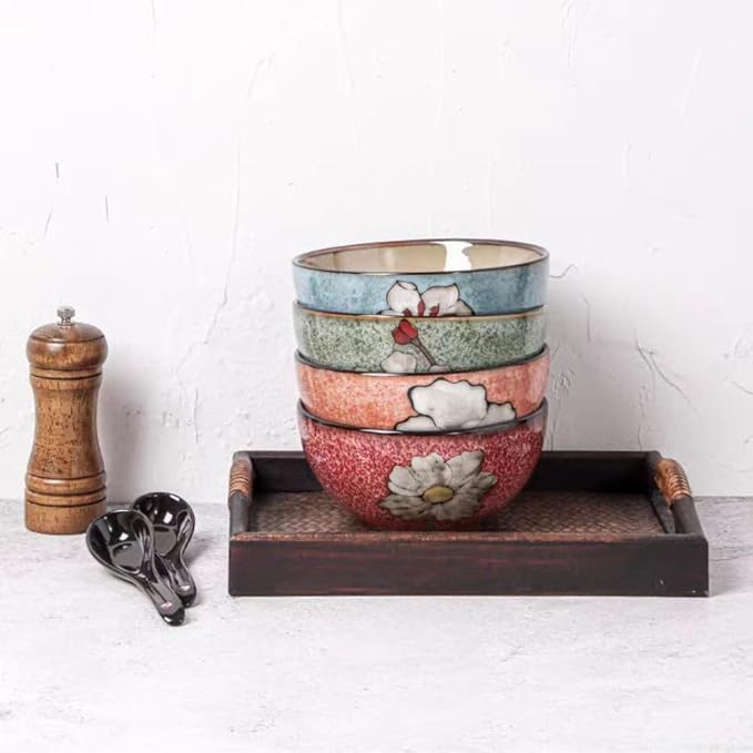 Ceramic Bowls For Kitchen, 28oz - Bowl Set of 4 - For Cereal, Salad, Pasta, Soup, Ramen, Serving etc - Dishwasher, Microwave, and Oven Safe - For Breakfast, Lunch and Dinner (Blue+Red+Green+Pink)