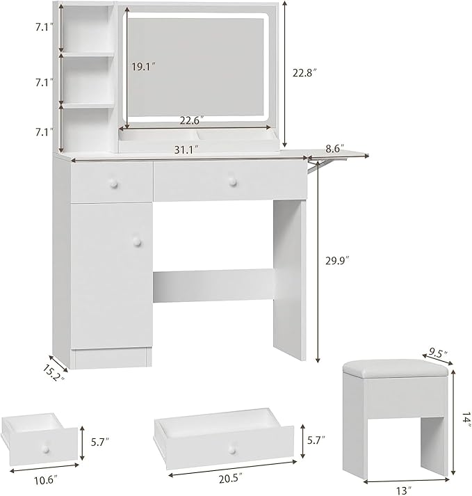 Haewon Makeup Vanity Desk with LED Mirror and Power Outlet, White Dressing Table Set with Storage Chair for Bedroom