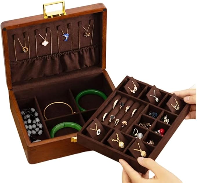 Bescott 2 Layer Solid Wooden Jewelry Box with Lock and Key for Women Men Vintage Velvet Wood Jewelry Organizer Storage for Earrings Rings Necklaces Bracelet Watch Mother’s Day Gift
