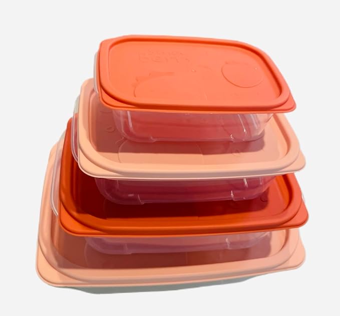 Plastic Food Storage Container Set, 4 Containers with Lids, Assorted Colors (RECTANGULAR PINK) The set includes containers of various sizes - 260 ml, 550 ml, 1100 ml, and 2000 ml