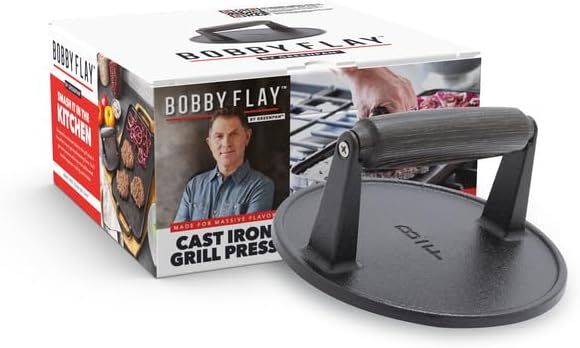 GreenPan x Bobby Flay Smash Burger Press, 6.5" Cast Iron Round Grill Press, Smashed Burgers, Heavy-Duty, Wood Handle, Cookouts & BBQ Tool for Juicy & Crispy Hamburgers Bacon Sandwich, Flat Top Griddle