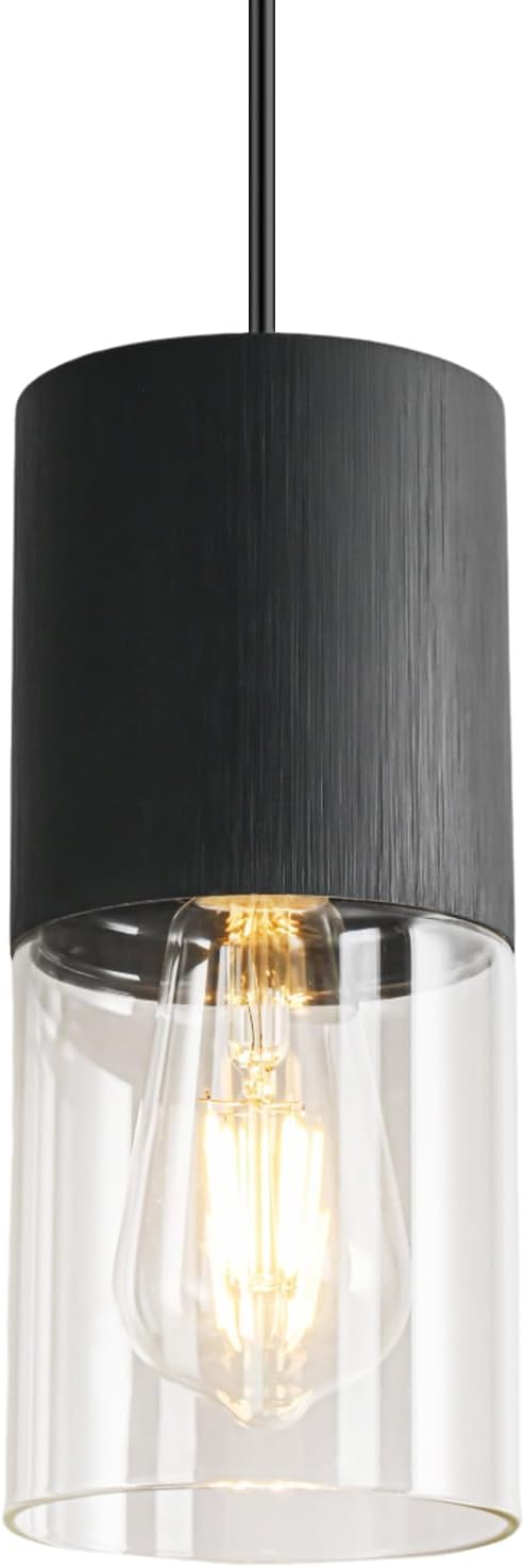 Black Pendant Light Fixtures, Adjustable Modern Pendant Lights for Kitchen Island, Industrial Clear Glass Pendant Lights for Dining Table Hallway Bedroom Living Room, 1 Pack