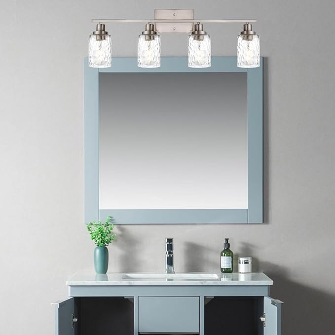 MELUCEE 4-Light Wall Light Fixtures Brushed Nickel Bathroom Vanity Light with Clear Hammered Glass Shade, Modern Wall Lamp for Powder Room Bedroom Porch (Patent No.: US D963914 S)