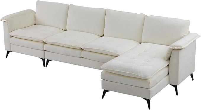VINGLI 129” Oversized L-Shaped Cloud Sectional Sofa,Memory Foam Couch with Reversible Chaise Lounge,Comfy Couch with Double-Layer Deep Seat Cushions,Modern Sofa for Living Room,Chenille,Creamy White