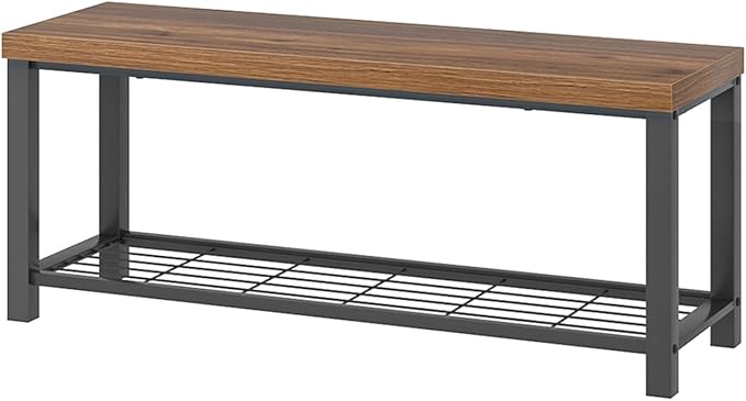 FOLUBAN Modern Entryway Bench - Rustic Wood and Metal Shoe Storage for Hallway Front Door Entrance, Industrial Indoor Seat for Bedroom Living Room, 43 Inch Walnut