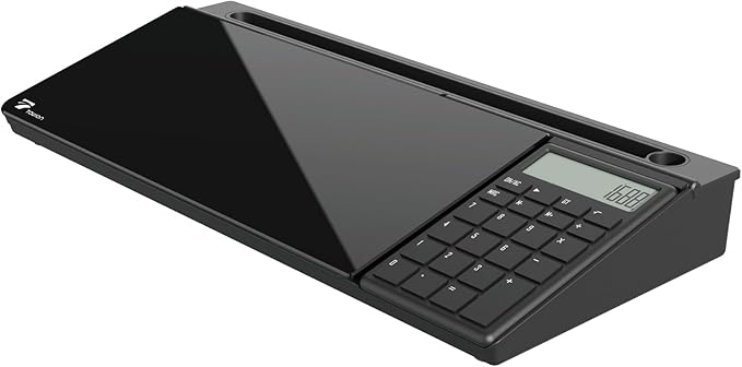 TOWON Desktop Glass Whiteboard with Basic Calculator, 12 Digit LCD Display, Desk Organizers with Accessories for Office, Home, School Supplies, Storage with Dry Erase Board Surface, Black, 17'' x 6''