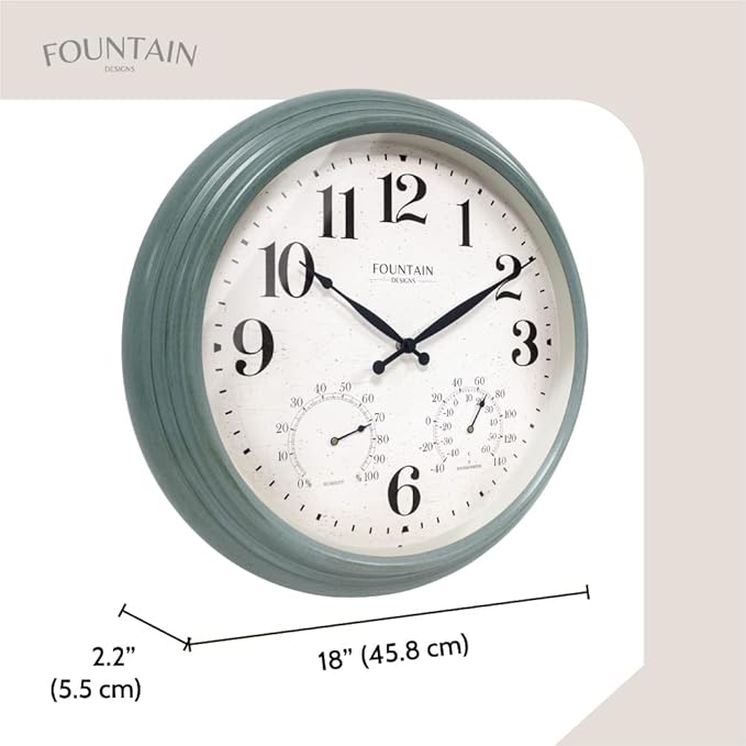 Maison in/Outdoor Clock with Thermometer, 2 in One Weather Station (Weather Thermometer/Wall Decoration) (Aged Teal, 18 inch)