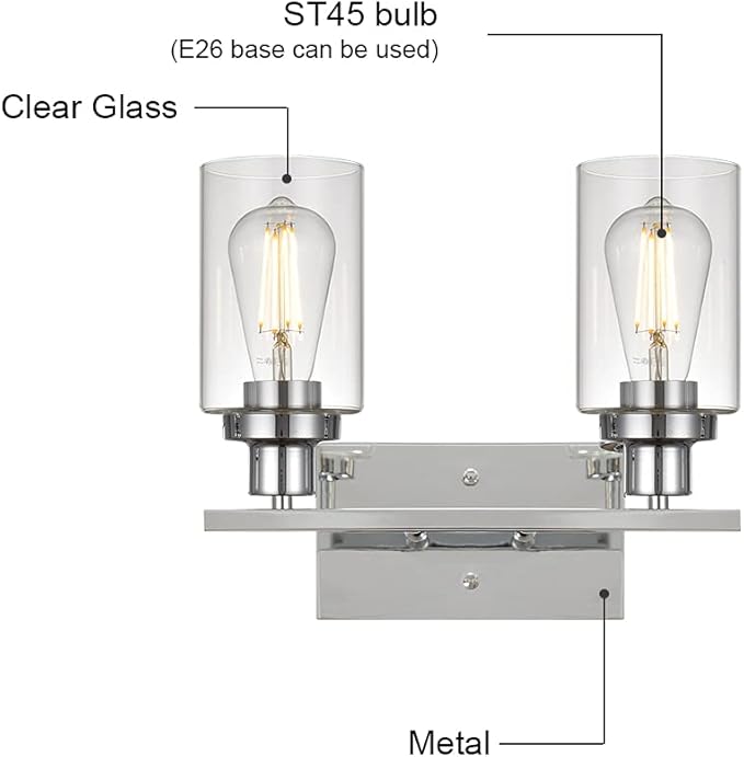 MELUCEE Sconces Wall Lighting Chrome 2-Light, Modern Bathroom Lights Over Mirror Contemporary Vanity Lighting Fixture with Clear Glass Shade (Patent No.: US D963914 S)