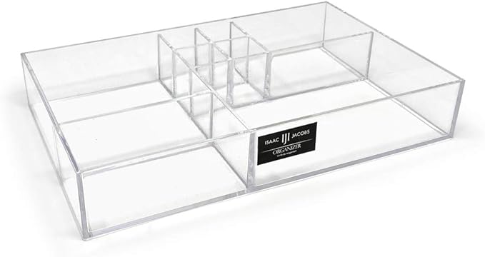 Isaac Jacobs 8-Compartment Clear Acrylic Drawer Organizer (13" L x 8.1" W x 2.3" H), Multi-Sectional Tray & Storage Solution for Makeup, School & Office Supplies, Bathroom, Kitchen