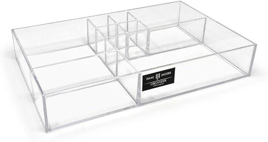 Isaac Jacobs 8-Compartment Clear Acrylic Drawer Organizer (13" L x 8.1" W x 2.3" H), Multi-Sectional Tray & Storage Solution for Makeup, School & Office Supplies, Bathroom, Kitchen