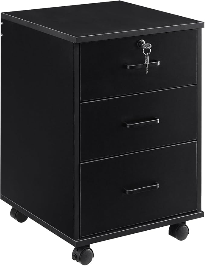 Mobile File Cabinet with Lockable Drawer, 3-Drawers Under Desk Storage Cabinet with 360°Swivel Wheels, Wooden Stationery Storage Cabinet for Legal/Letter/ A4 Documents (Black)