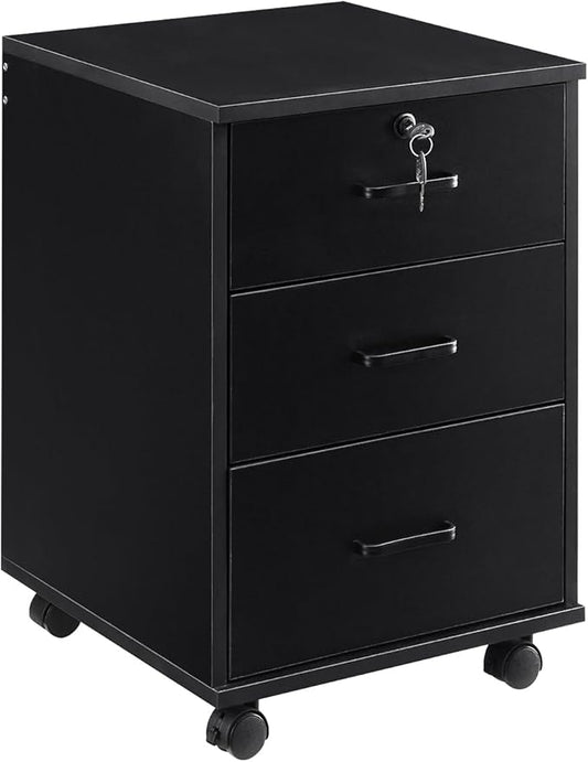 Mobile File Cabinet with Lockable Drawer, 3-Drawers Under Desk Storage Cabinet with 360°Swivel Wheels, Wooden Stationery Storage Cabinet for Legal/Letter/ A4 Documents (Black)
