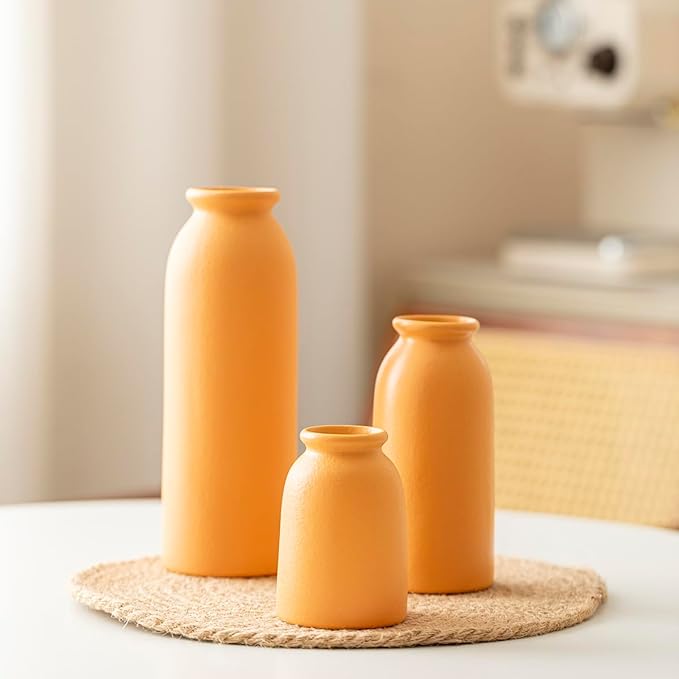Ceramic Vase Set-3, Small Flower Vases for Decor, Modern Boho Farmhouse Style, Decorative Vases for Pampas Grass & Dried Flowers, Distressed Finish (Orange)