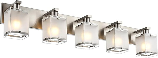 5-Lights Bathroom Vanity Light Fixtures, Modern Brushed Nickel Wall Sconce Lighting with Rectangular Frosted Glass Shades, E26 Bulb Base