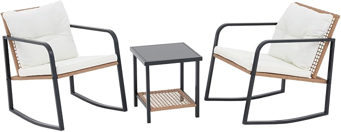 SUNSITT 3 Piece Outdoor Bistro Set, Wicker Patio Rocking Bistro Set w/Weather-Resistant Cushions, Metal Bistro Table & Chairs Set of 2, Woven Rattan Patio Rocking Chairs Set w/Outdoor Coffee Table