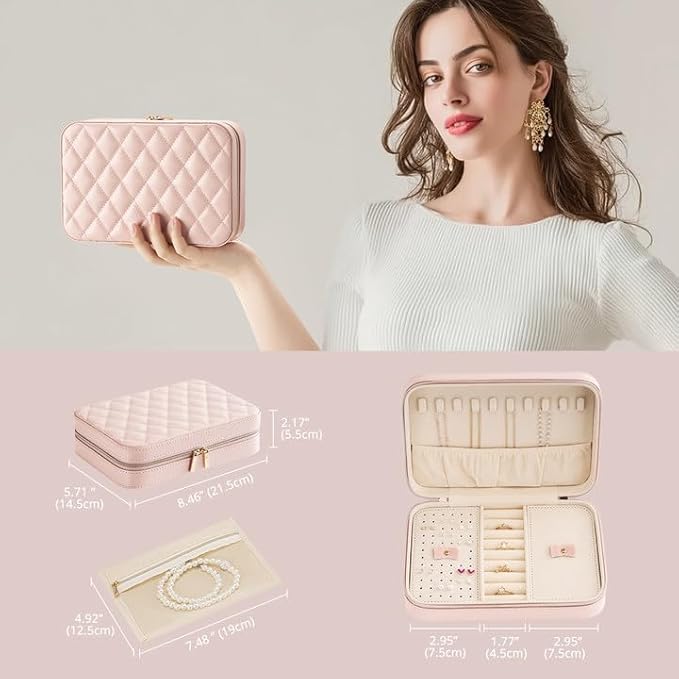 Lolalet Travel Jewelry Case for Women, Travel Jewelry Organizer Box with Mirror & Clear Storage Bag, Small Portable Traveling Earring Necklace Bracelet Ring Case, Bridesmaid Gifts -Medium, Pink