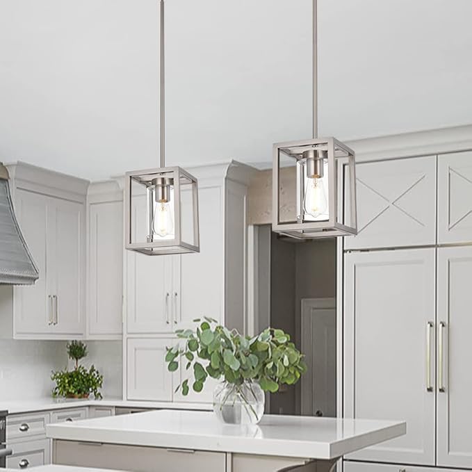 VINLUZ One Light Chandeliers Fixture Brushed Nickel Modern Pendant Kitchen Lighting with Clear Glass Shade Dining Room Lighting Fixtures Hanging Contemporary Lamp Semi Flush Mount Ceiling Lights