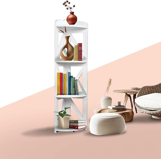 Corner Shelf Stand, Corner Bookshelf, Small Corner Shelves by Natural Wood, Plant Stand, Corner Bookcase for Living Room, Home Office, Bedroom, (White, 4 Tier)