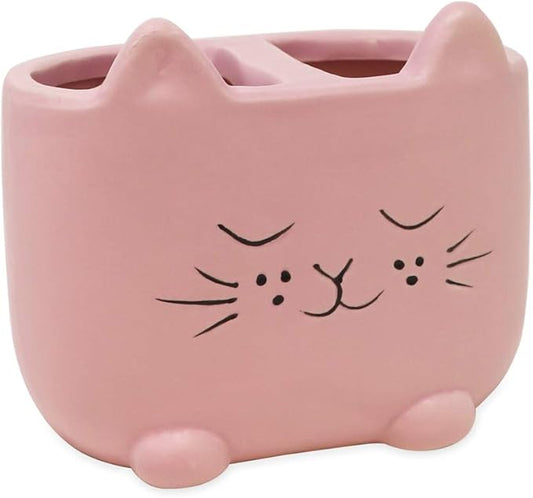 Isaac Jacobs Pink Ceramic Cat Makeup Brush Holder, Multi-Purpose 2-Section Organizer. Bathroom, Kitchen, Bedroom, Office Décor (2-Section Cup, Pastel Pink)