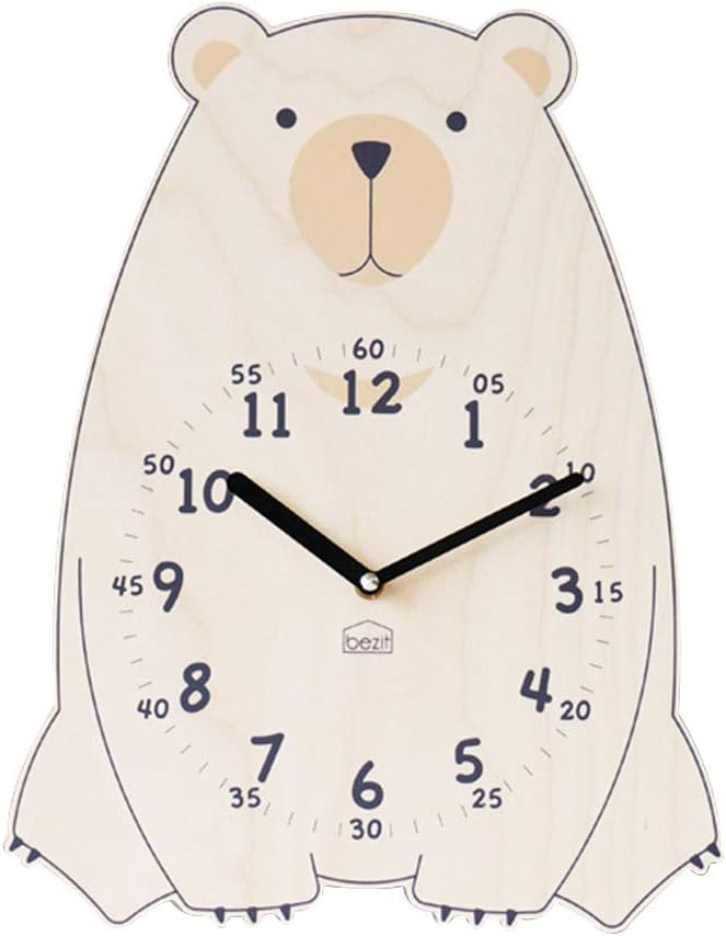 Silent Kids Wall Clock - Non-Ticking, Decorative, Cute Wooden Clock for Nursery, Children, Toddler, Baby Room, Battery Operated - Bear, Unicorn, Owl (Brown Bear)