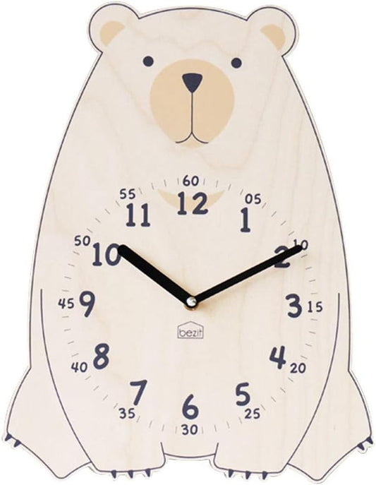 Silent Kids Wall Clock - Non-Ticking, Decorative, Cute Wooden Clock for Nursery, Children, Toddler, Baby Room, Battery Operated - Bear, Unicorn, Owl (Brown Bear)