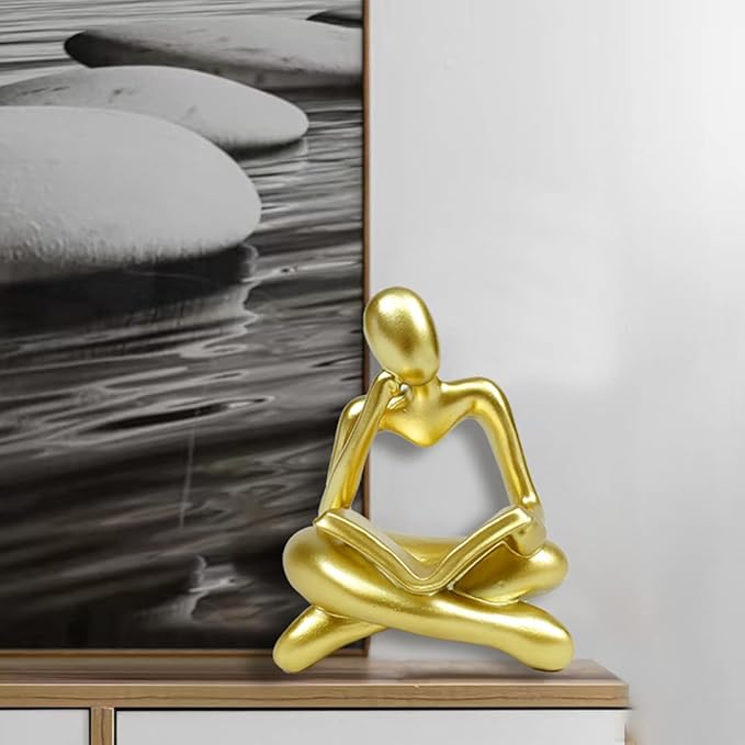 Gold Decor Thinker Statue Reading Women Figurine Abstract Art Sculpture Home Decor Modern Gold Decor Accents Golden Thinker Figurines for Living Room Shelves Bookshelf Office Shelf Desktop