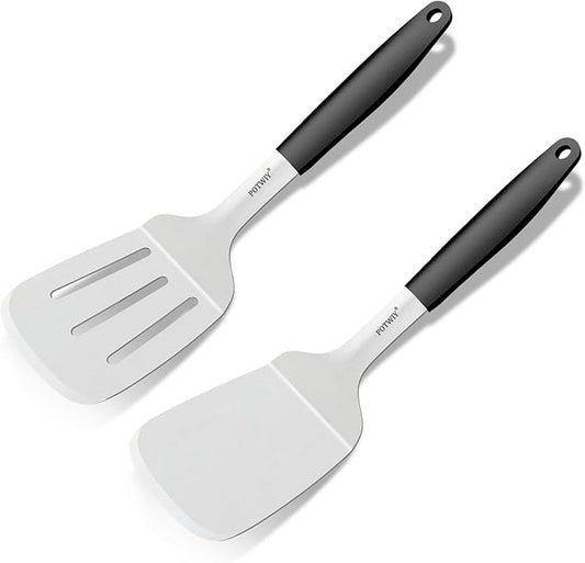 2 Pcs Stainless Steel Spatula Set, 11.3 x 3.1In Metal Spatulas for Kitchen Use, Cast Iron Skillet Cooking, Solid and Slotted Turner with Heat Resistant Handle, Flipper for Steak, Eggs, Burgers
