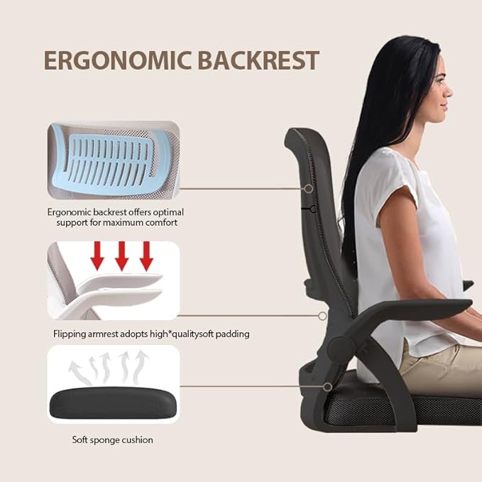 Office Chair, Ergonomic Desk Breathable Mesh Swivel Chair with Flip-Up Arms and Lumbar Support Computer for Home Office
