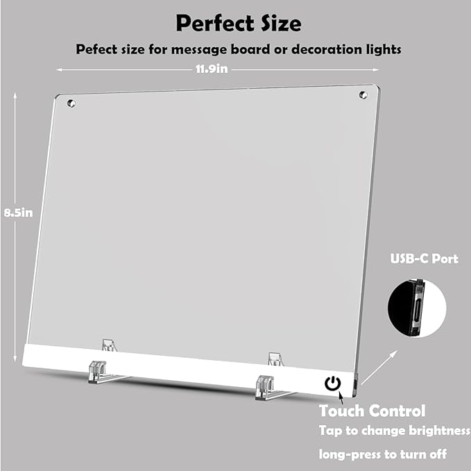 Acrylic Dry Erase Board with LED Light -11.8"x8.5" Clear Glowing Memo,Brightness Level Adjustment,12 Color Markers, Ideal for Office/Home/Kids (Standard Edition)
