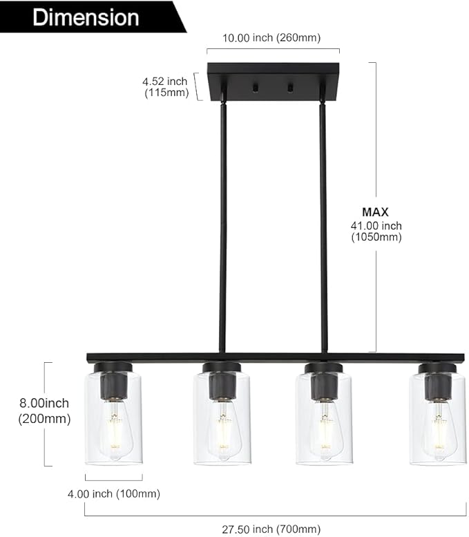 Black Pendant Light Fixtures with Clear Glass Shades, 4-Lights Linar Kitchen Island Light for Farmhouse Dining Room Kitchen Pool Table