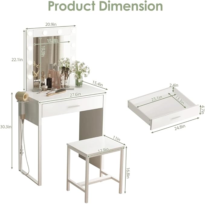 Makeup Vanity Desk with Mirror and Lights, Small Vanity Table and Chair Set,White Makeup Table with 10 LED Lights,Dressing Table for Bedroom,27.6in(L)