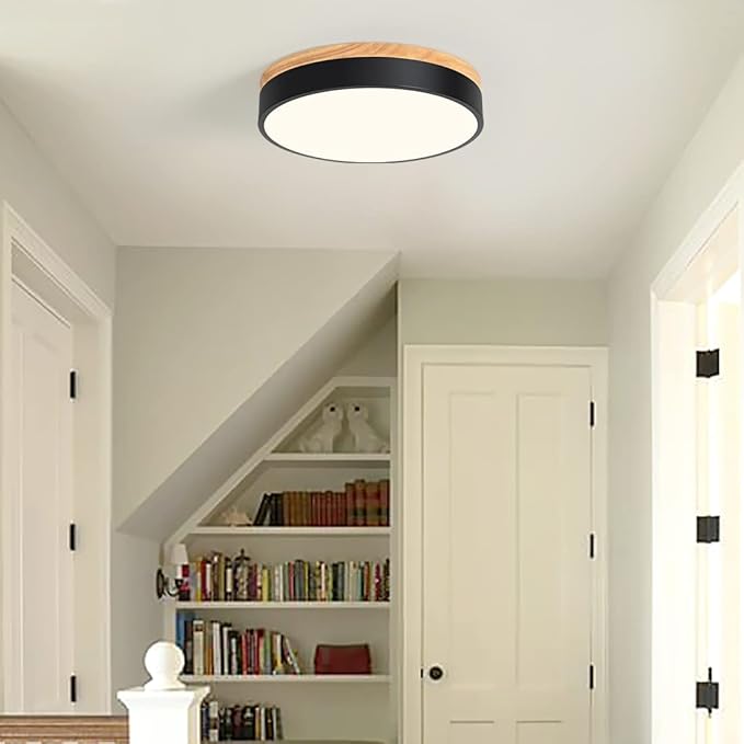 Dimmable Modern Wood Ceiling Light, Black LED 5CCT 2700K-6000K Flush Mount Ceiling Lighting Fixture, Round Light Fixtures for Kitchen Entryway Hallway Bedroom Laundry Room-11.8in