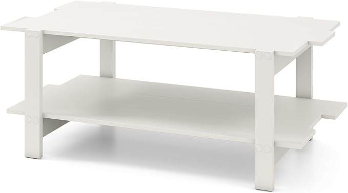 GOFLAME Wood Coffee Table with Storage, 2-Tier Irregular Center Table with Open Storage Shelf, Modern Accent Tea Table for Living Room, Home Office, Reception Room (White)