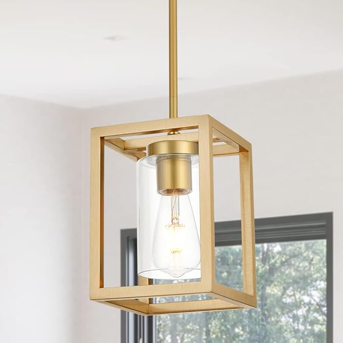 VINLUZ 1-Light Rustic Chandelier in Gold Finish Modern Industrial Pendant Lighting Fixture with Clear Glass Shade Hanging Ceiling Light for Dining Room